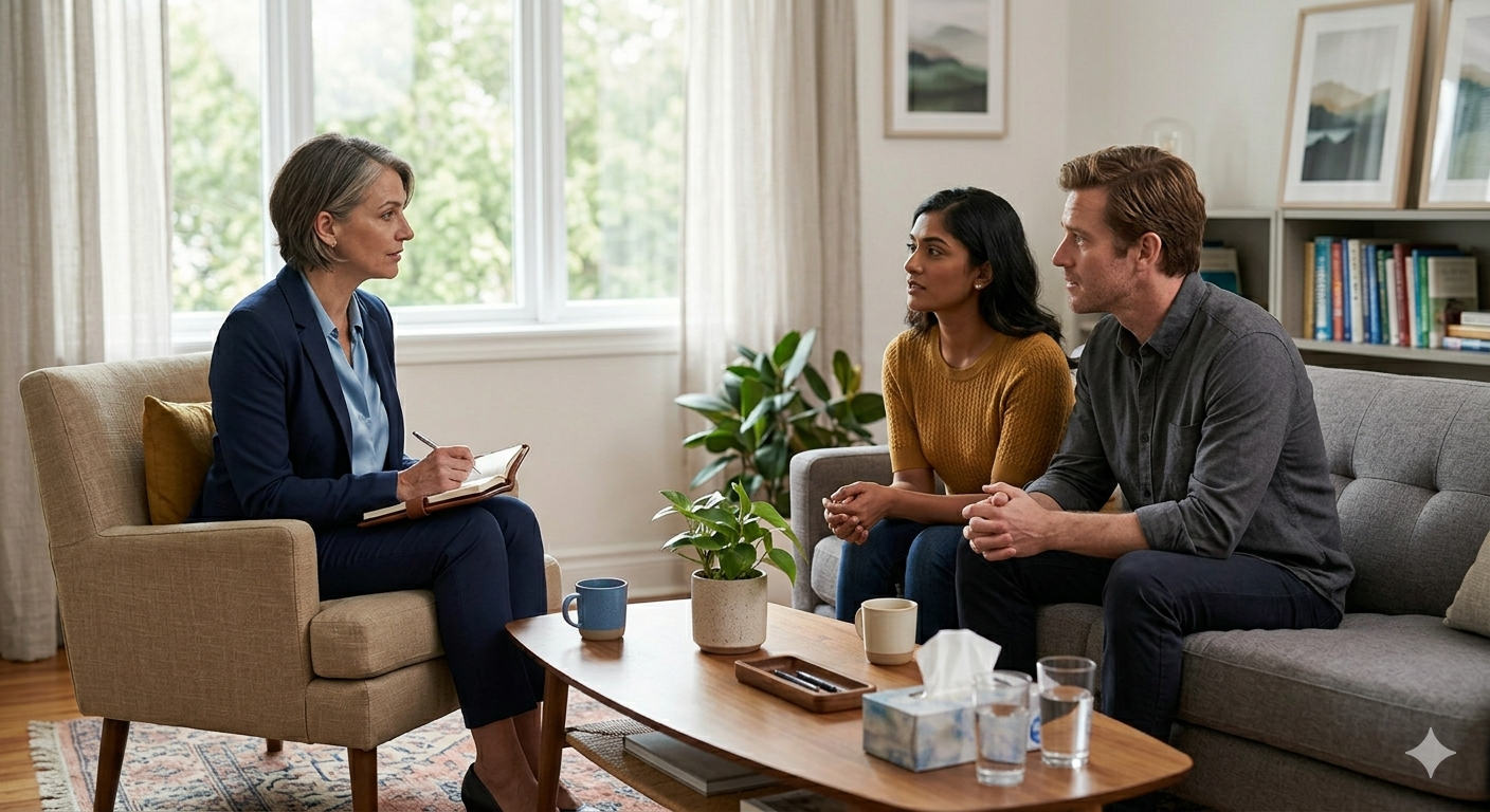 A couple in a counseling session working through challenges together