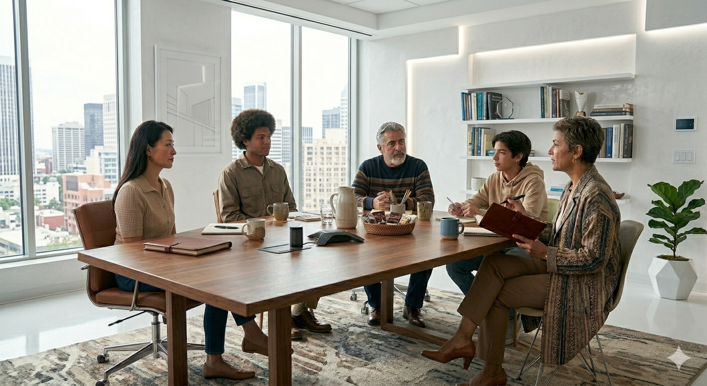 A family sitting together during a family therapy session